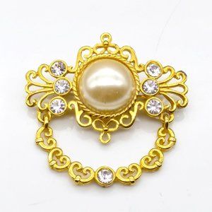 AJC Pearl and Crystal Brooch, Vintage Gold Tone Regency Style, Swivel Drop